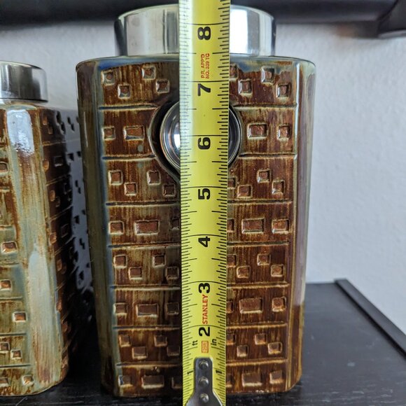 Pier One Imports Stoneware Canister Set Metal Megnet Scoops Textured - Picture 7 of 15